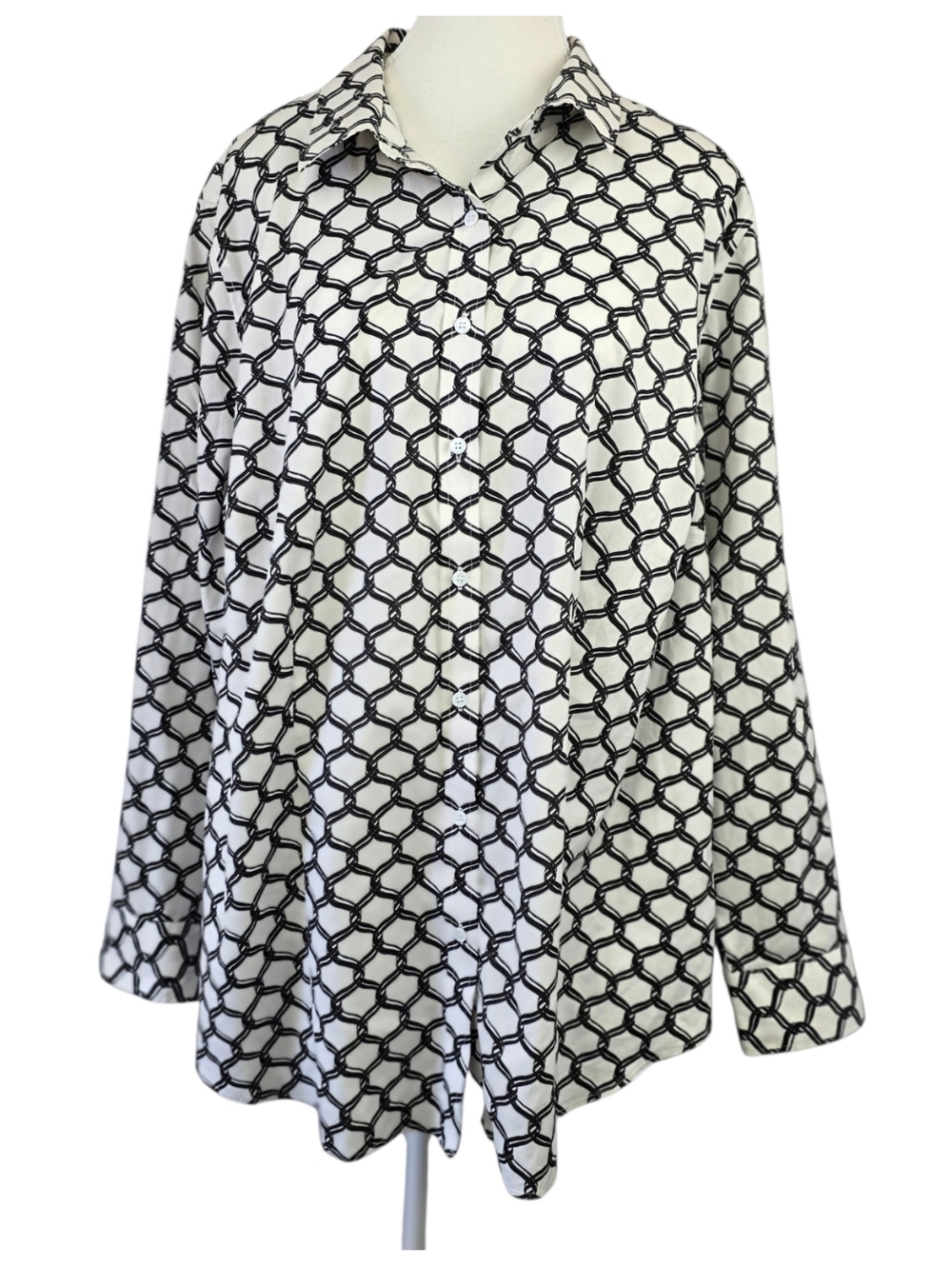 Talbots Black & White Geometric Chain Print Button-Up Shirt Sz 18W Officewear